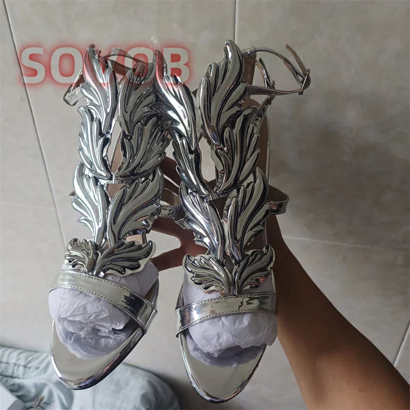 White Elegant Prom Heels Sandals Open Toe Leaf Wing Caged Sandals Chic Party Event Stiletto Shoes Stylish Party Footwear