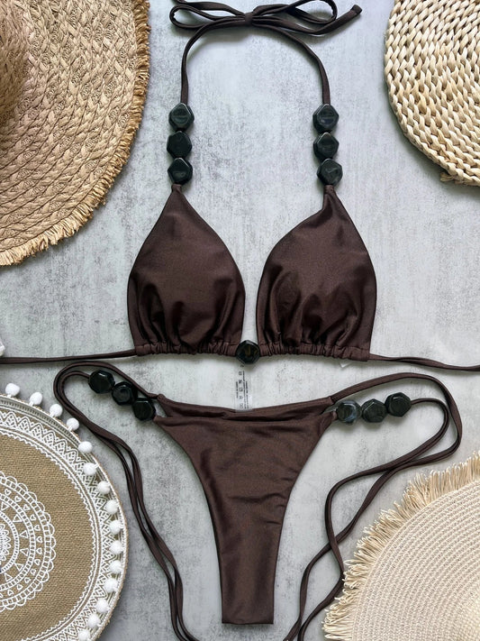 Costume da bagno bikini sexy con perline 2026 da donna, set bikini halter con scollo a V, abbigliamento da spiaggia estivo
