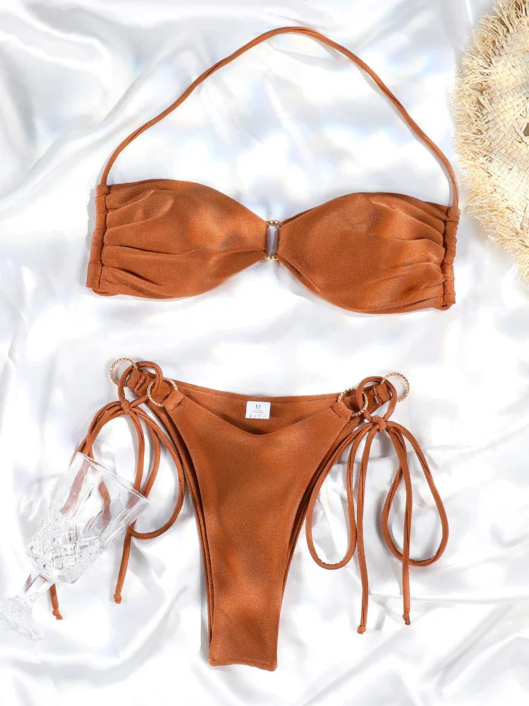 Set Bikini a Fascia da Donna con Pieghe, Costume da Bagno Sexy con Laccetti, Bikini Brasiliano con Bendaggio, Abbigliamento da Spiaggia