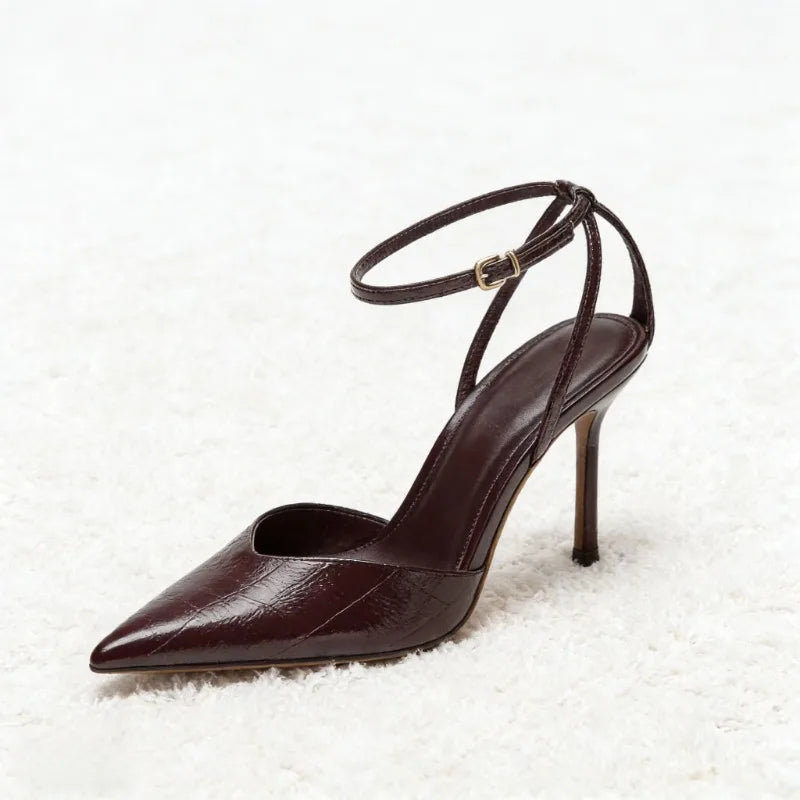 Designer Burgundy Red Ankle Strap Pumps Women Sexy Pointed-Toe Patent Leather High Heels for Ladies Elegant Party Dress Shoes