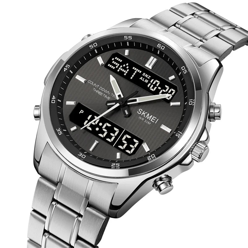 Skmei orologio da polso analogico al quarzo da uomo cinturino in acciaio inossidabile di lusso Led impermeabile digitale sportivo sveglia a tre fusi orari