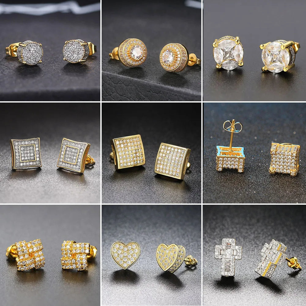 Rock Hip Hop ghiacciato orecchino a perno per uomo uomo Set completo zircone oro Piercing accessori per l'orecchio Punk Hippie Trend gioielli Dropship