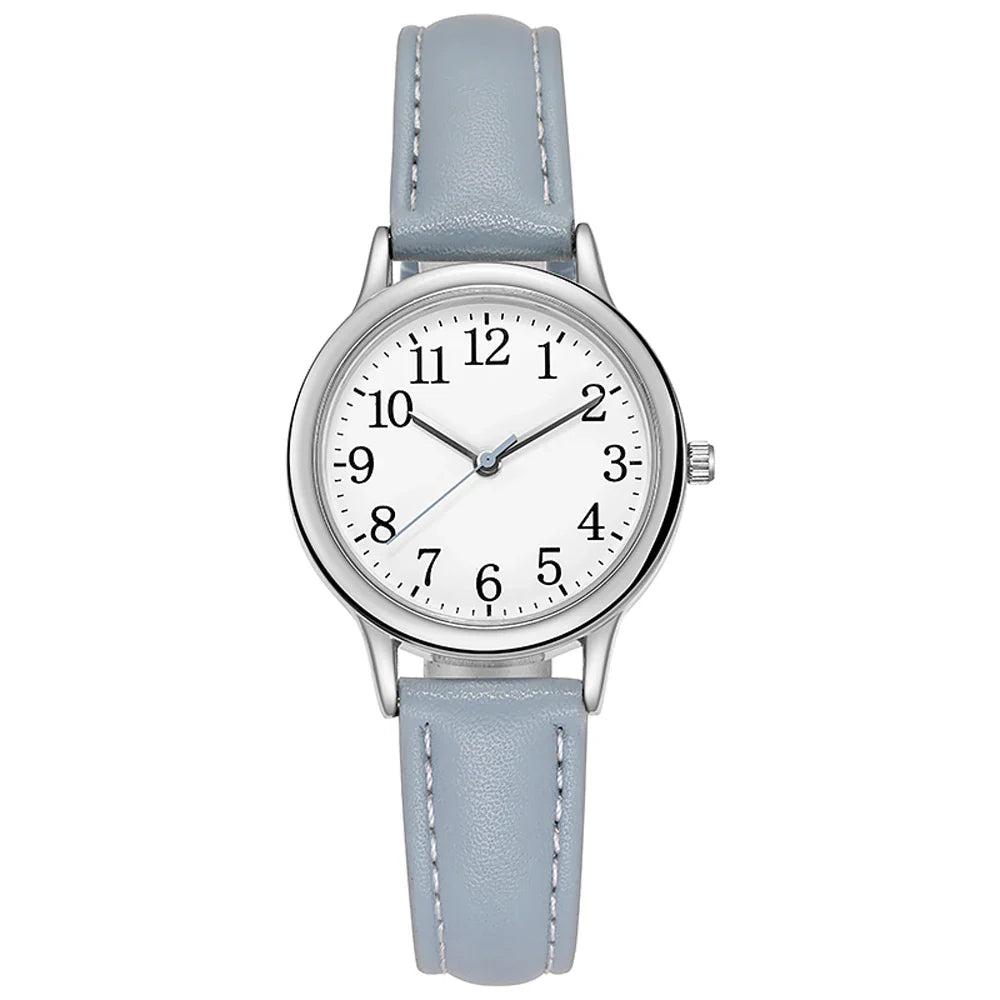Orologio al quarzo da donna alla moda per il tempo libero, numeri arabi facili da leggere, quadrante semplice, cinturino in pelle PU, colore caramella