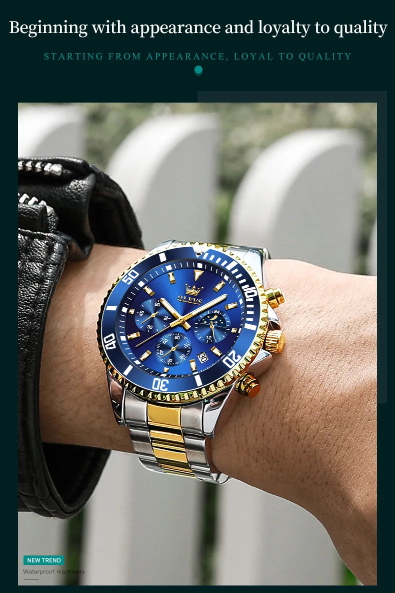 OLEVS Orologi da uomo Orologio di lusso delle migliori marche da uomo Cronografo originale impermeabile in acciaio inossidabile Fasi lunari Data Quadrante Rota