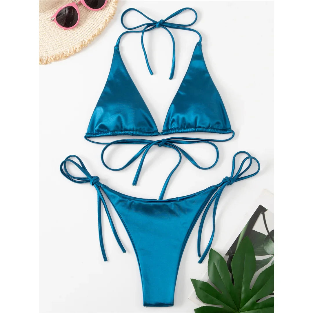 Sexy 13 colori Halter Satin Bikini brasiliano Donna Costumi da bagno Costume da bagno femminile Bikini a due pezzi Bagnante Costume da bagno Swim V4966