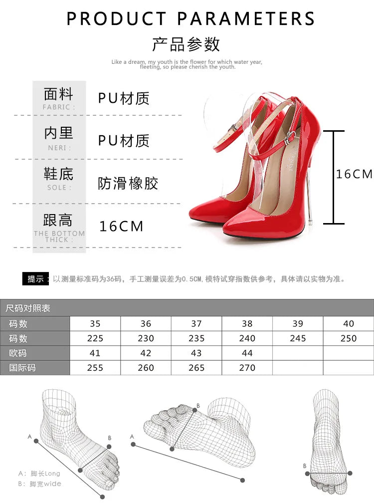 Sexy 16cm Extreme High Heels Pumps Shoes Woman Fashion Key Black Red Heeled Dance Party Wedding Office Shoes Ladies Large Size