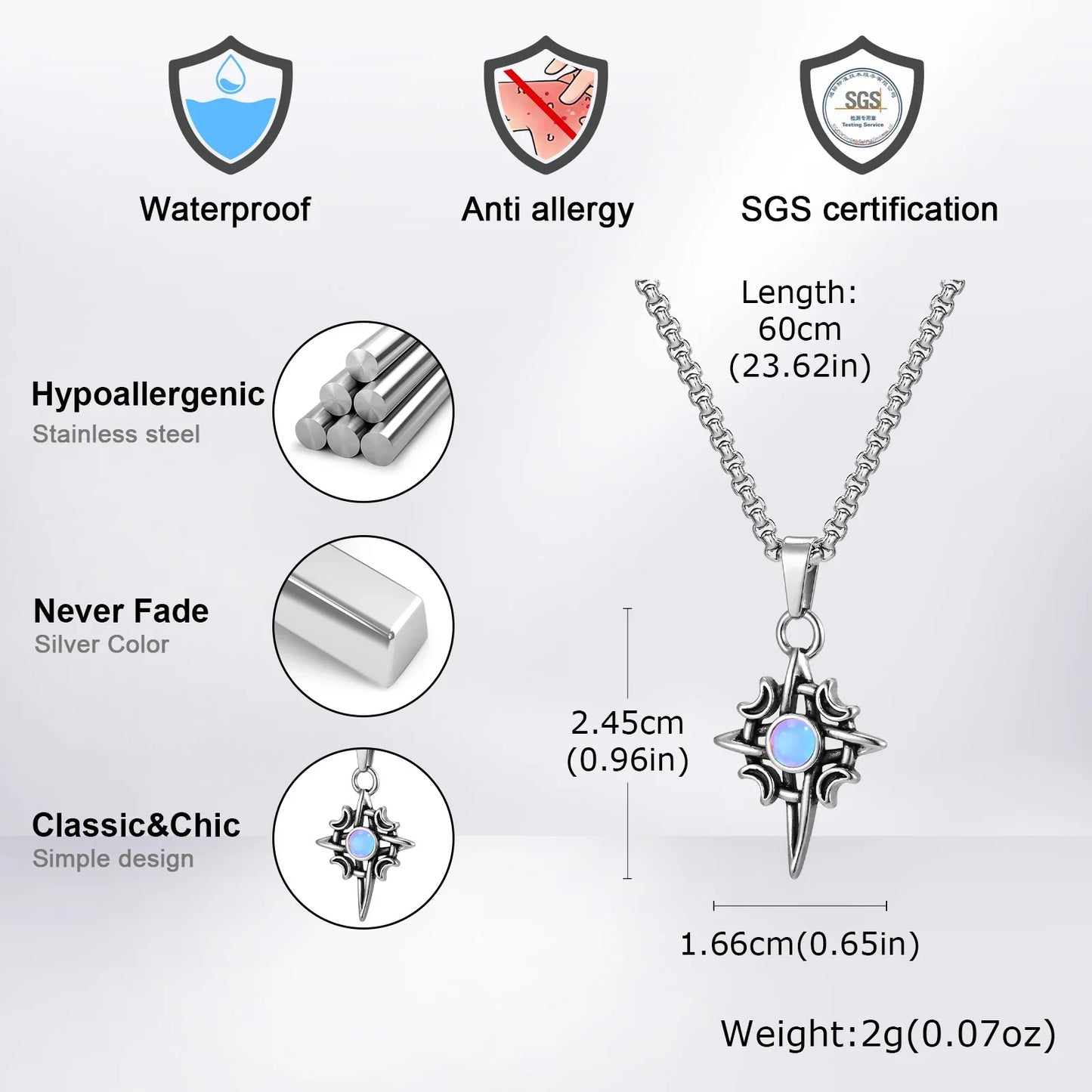 Vnox Witches Knot Moon Star Collane con ciondolo Orecchini per uomo Donna, set di gioielli con collare in pietra di luna con nodo celtico in acciaio inossidabile