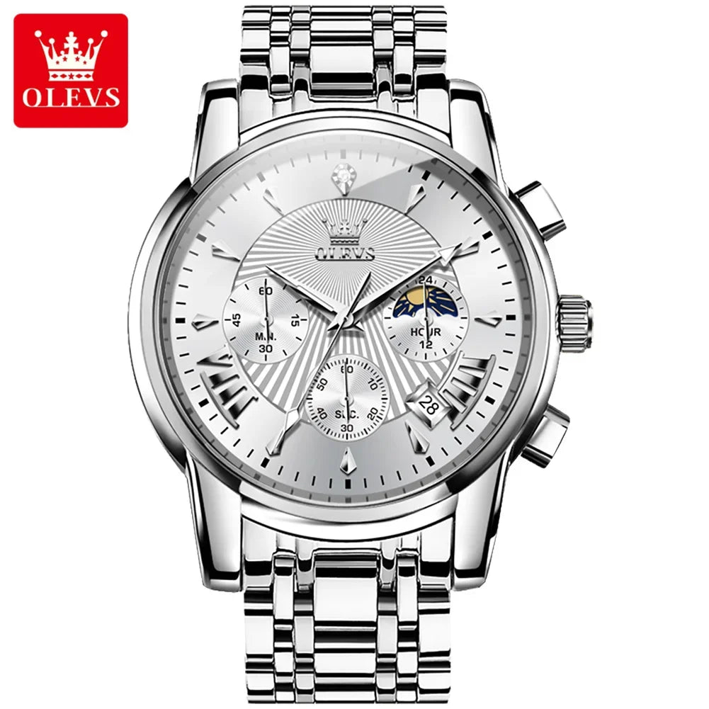 OLEVS Orologi al quarzo da uomo Orologi di marca in acciaio inossidabile Orologio sportivo impermeabile per uomo Cronografo con fasi lunari