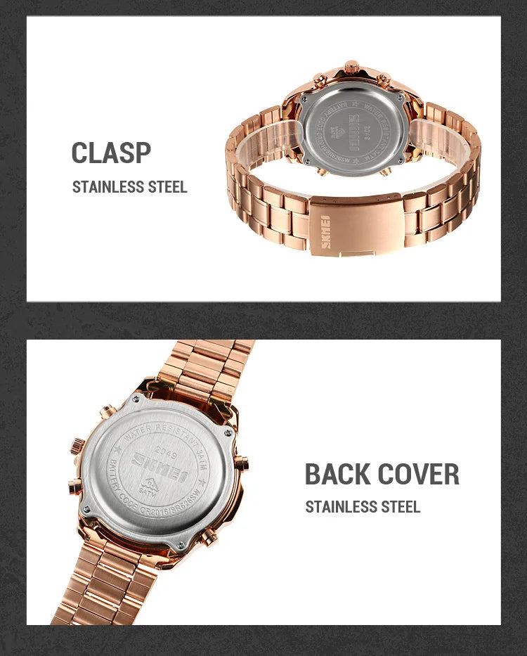 Skmei orologio da polso analogico al quarzo da uomo cinturino in acciaio inossidabile di lusso Led impermeabile digitale sportivo sveglia a tre fusi orari