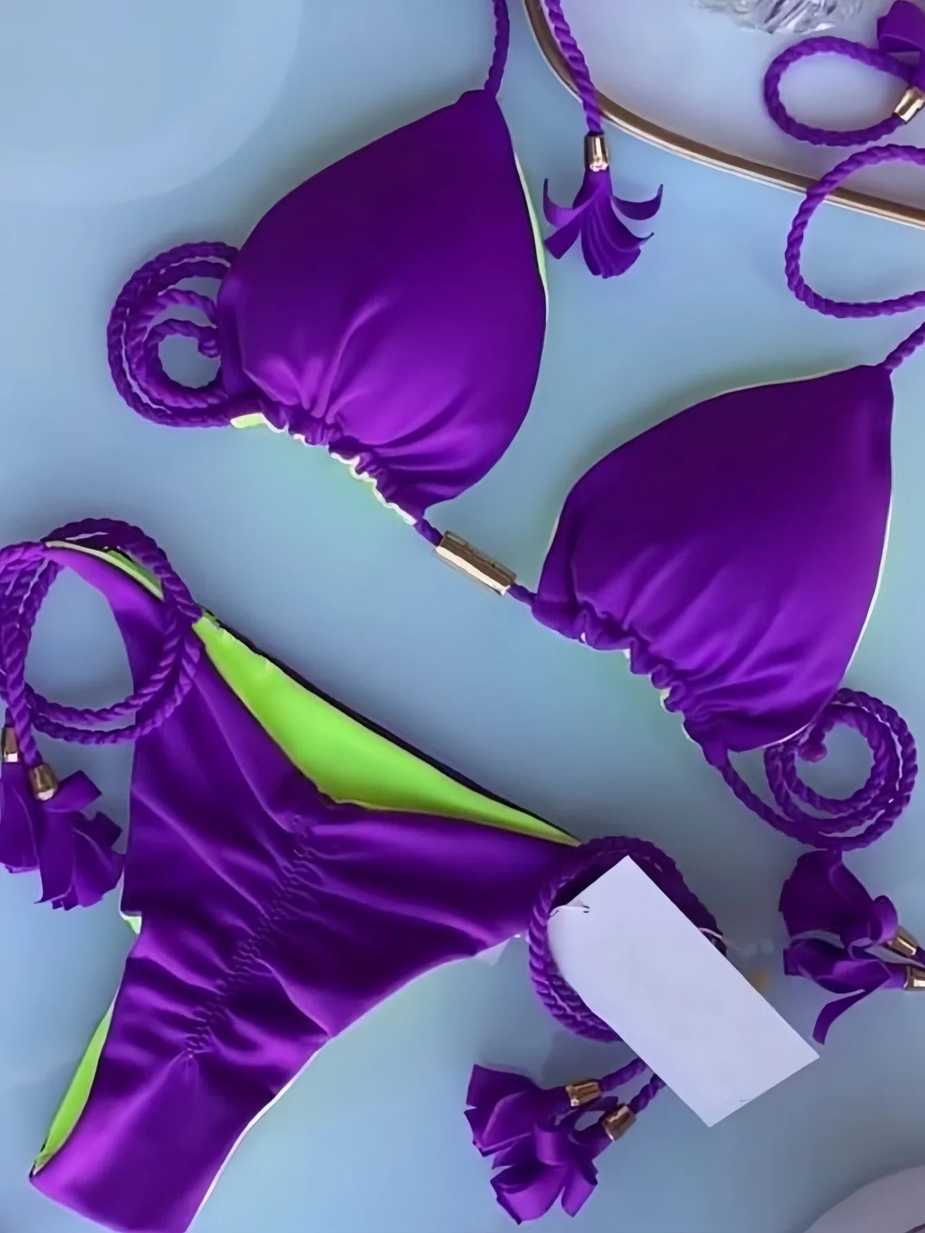 Costume da bagno sexy da donna in tinta unita, due pezzi, triangolare, con corda intrecciata, set bikini, costume da bagno da spiaggia, Biquinis brasiliani