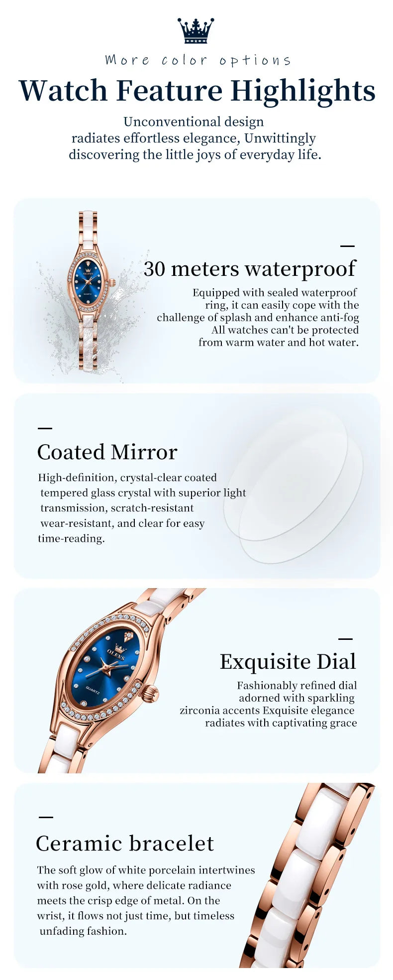 OLEVS 7131 Orologio da Donna Elegante con Movimento al Quarzo, Cinturino in Porcellana, Impermeabile 30m, Quadrante con Diamanti, Orologio alla Moda per Donne