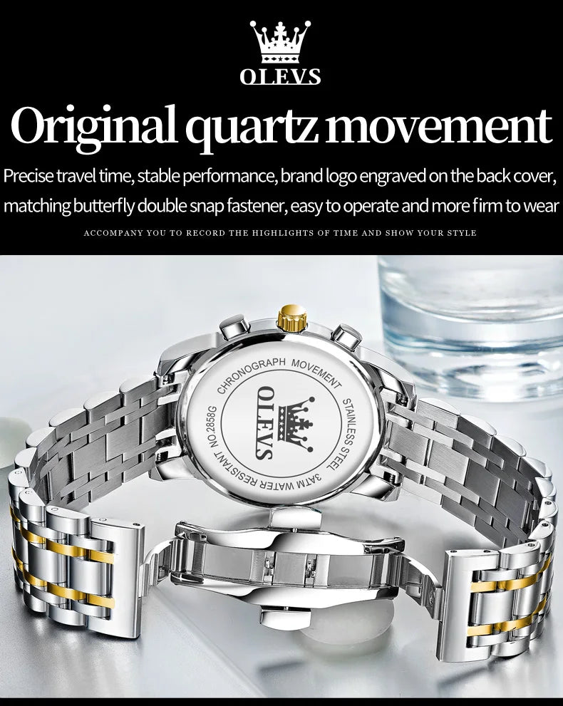 OLEVS 2858 Orologio da Uomo in Acciaio Inossidabile, Impermeabile, Antigraffio, con Fasi Lunari, Luminoso, Cronografo, Orologio da Polso al Quarzo di Lusso