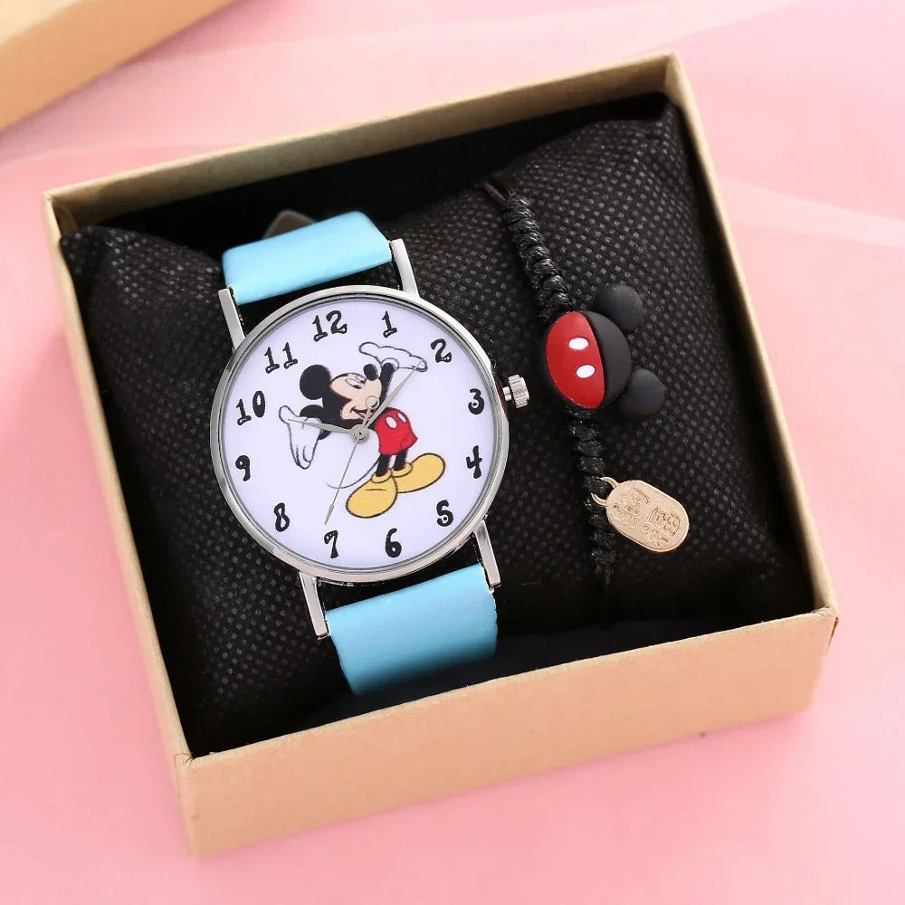 Nuovo set di braccialetti per orologi da donna Disney per bambini Confezione regalo Moda Topolino Orologi da cartone animato per bambini Bracciali da donna con scatola