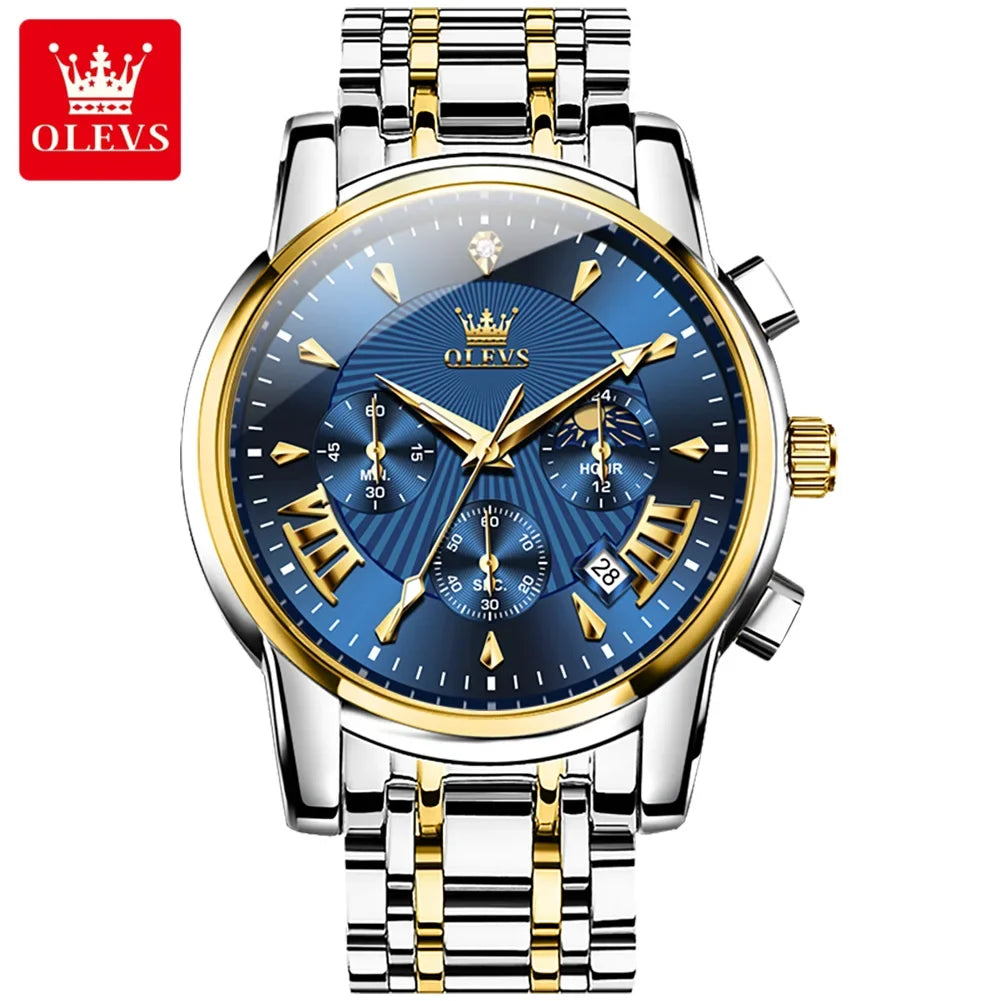 OLEVS Orologi al quarzo da uomo Orologi di marca in acciaio inossidabile Orologio sportivo impermeabile per uomo Cronografo con fasi lunari