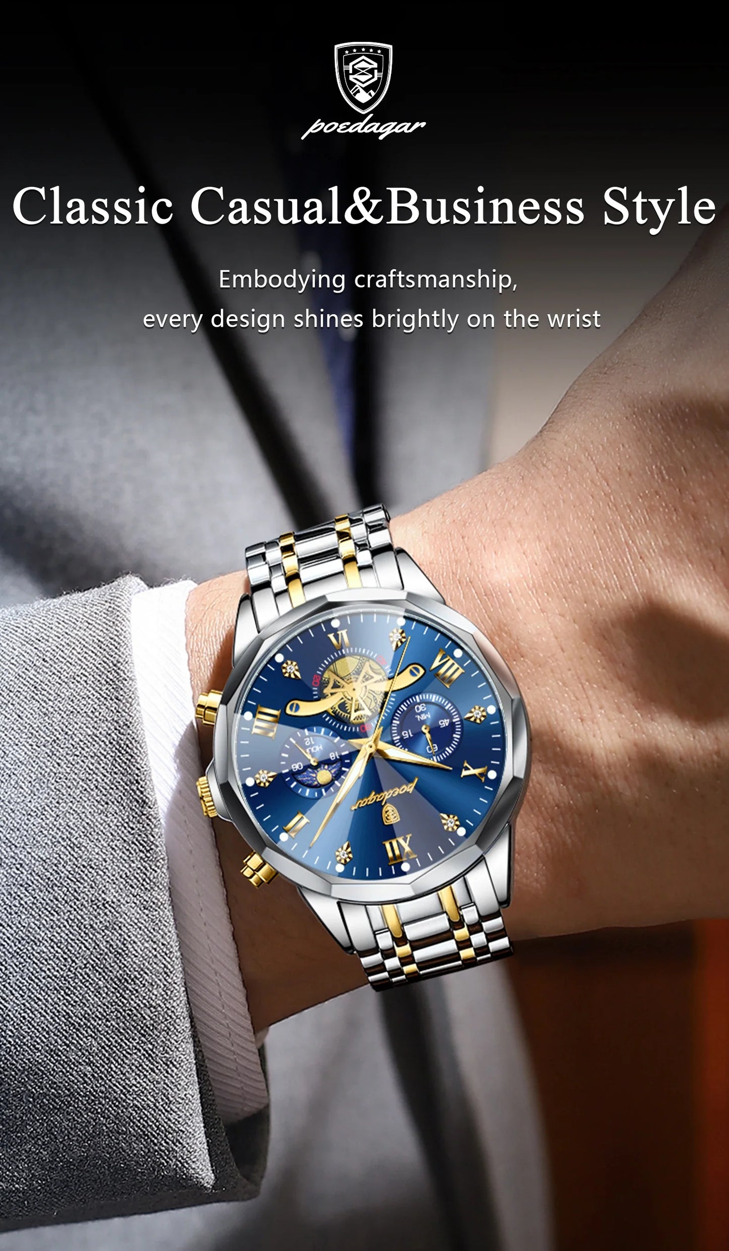 POEDAGAR Orologio da uomo di lusso Top originale impermeabile cronografo luminoso orologio da polso da uomo al quarzo in acciaio inossidabile orologi da uomo Reloj
