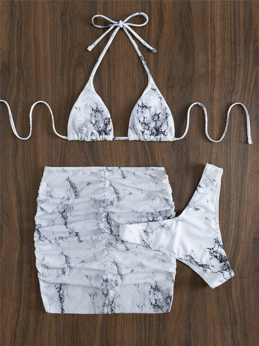 3 pezzi perizoma Bikini con gonna marmo texture costume da bagno donna costume da bagno Set costumi da bagno femminili abbigliamento da spiaggia nuoto estate