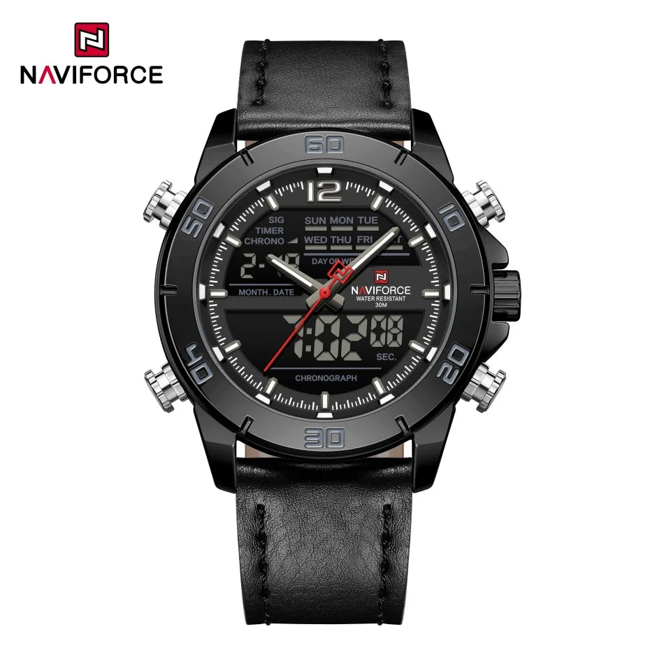NAVIFORCE Orologio alla moda da uomo con cinturino in vera pelle Movimento al quarzo resistente all'acqua 30M Display luminoso con giorno e data F