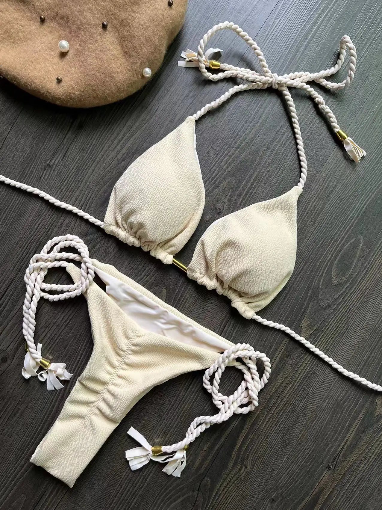 Costume da bagno bikini sexy con laccetti intrecciati, due pezzi, triangolare, stile brasiliano.