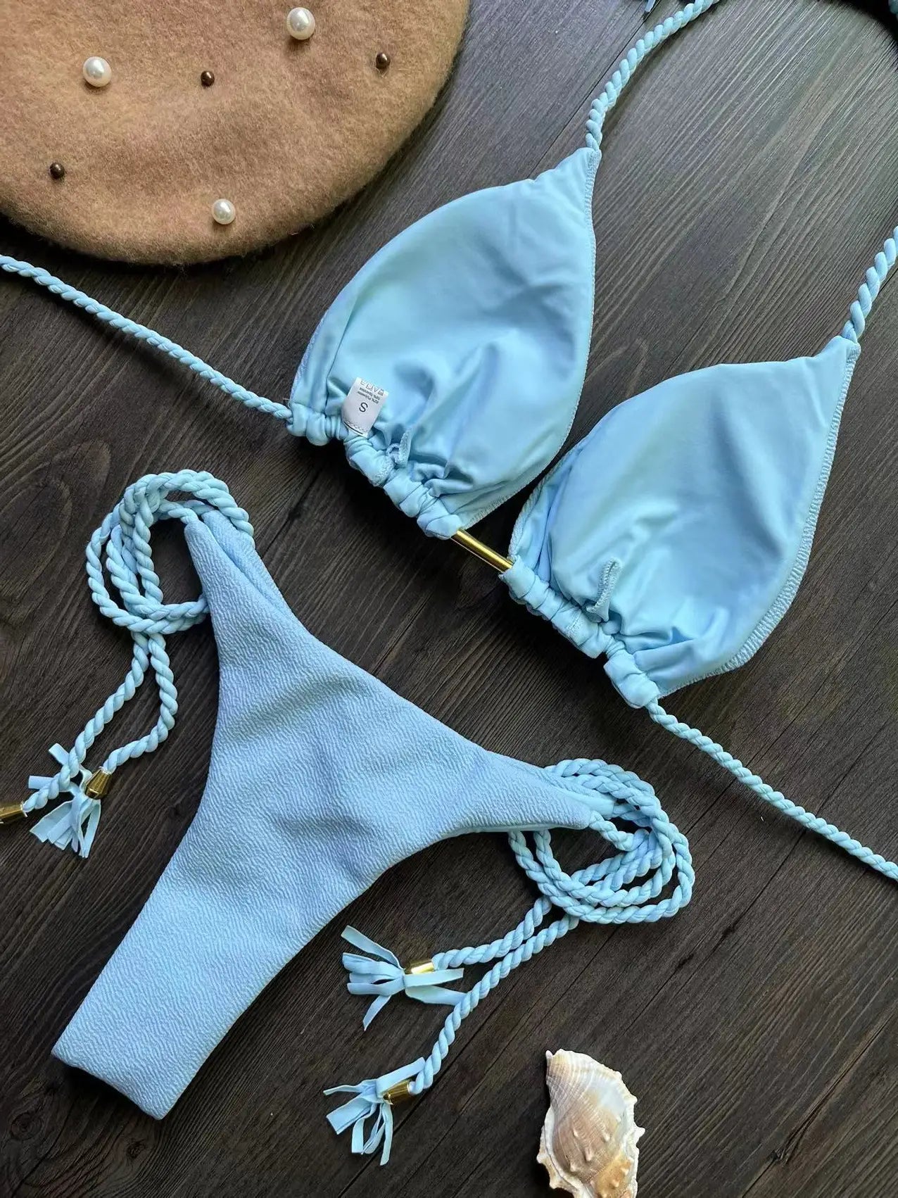 Costume da bagno bikini sexy con laccetti intrecciati, due pezzi, triangolare, stile brasiliano.