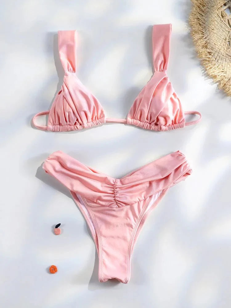 Set Bikini Sexy con Pieghe, Micro Bikini Tinta Unita, Costume da Bagno Femminile a Triangolo, Abbigliamento da Spiaggia