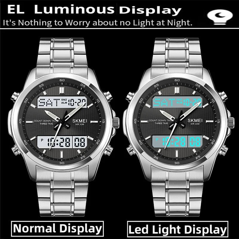 Skmei orologio da polso analogico al quarzo da uomo cinturino in acciaio inossidabile di lusso Led impermeabile digitale sportivo sveglia a tre fusi orari