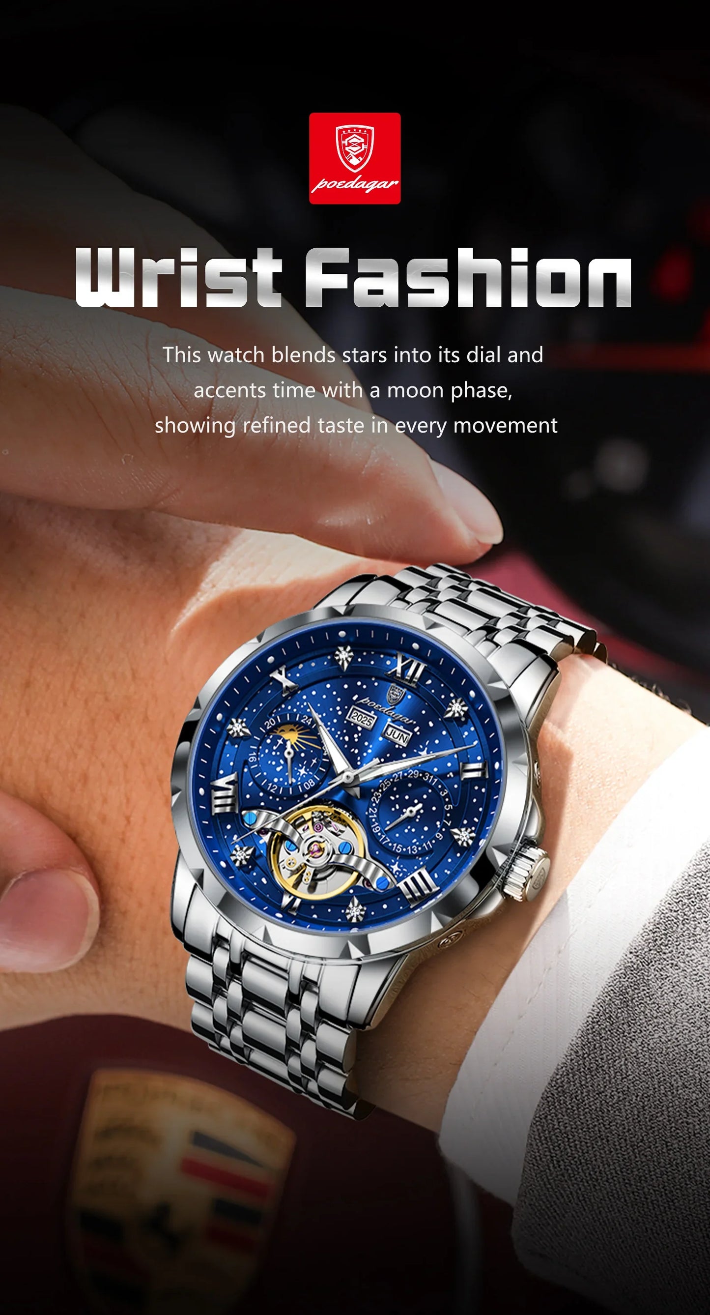 POEDAGAR Top Orologio da uomo originale Orologio meccanico automatico da uomo in acciaio inossidabile Calendario Hollow Tourbillon Orologio da uomo Maschio + scatola