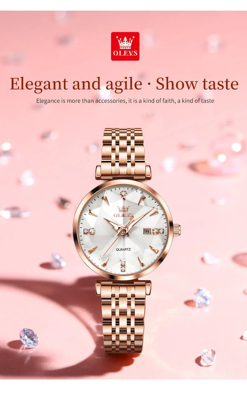 OLEVS 5536 Orologio da donna al quarzo con diamanti di marca di lusso Moda elegante orologio da donna impermeabile in oro rosa con bracciale Set Reloj Mujer