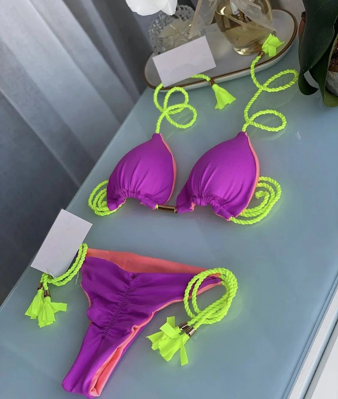 Costume da bagno sexy da donna in tinta unita, due pezzi, triangolare, con corda intrecciata, set bikini, costume da bagno da spiaggia, Biquinis brasiliani
