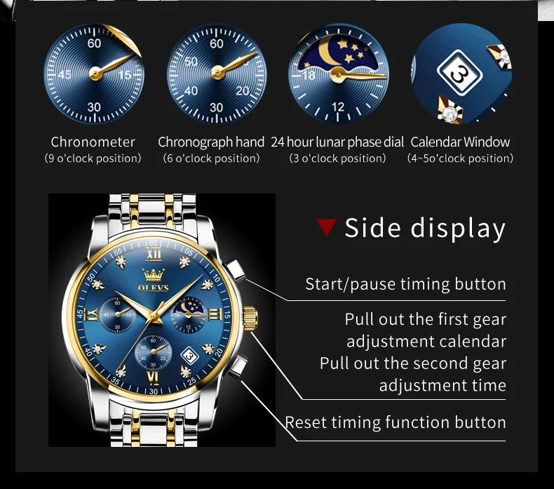 OLEVS 2858 Orologio da Uomo in Acciaio Inossidabile, Impermeabile, Antigraffio, con Fasi Lunari, Luminoso, Cronografo, Orologio da Polso al Quarzo di Lusso