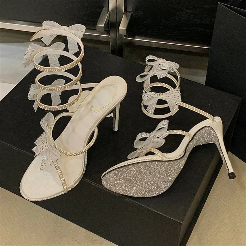 Aneikeh Elegant Pink Wedding Shoes CRYSTAL Bow High Heels Sandals Woman Summer Ankle Strap Thin High Heels Open Toed Party Shoes