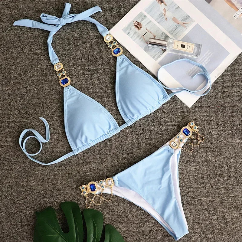 Catene di metallo con scollo all'americana Strass Diamante Bikini Costume da bagno donna Costumi da bagno femminili Due pezzi Bikini set Costume da bagno brasiliano Swim