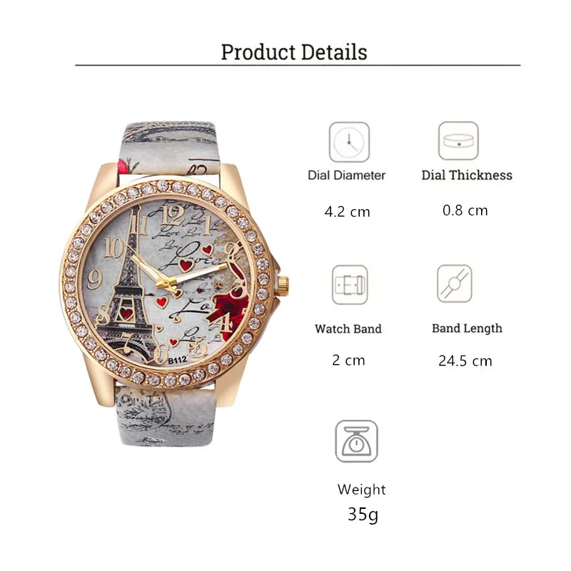 Orologio al quarzo in pelle PU da donna alla moda con strass Torre Eiffel