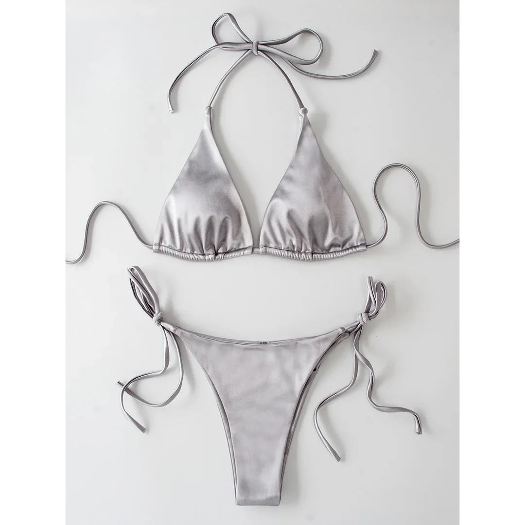 Sexy 13 colori Halter Satin Bikini brasiliano Donna Costumi da bagno Costume da bagno femminile Bikini a due pezzi Bagnante Costume da bagno Swim V4966