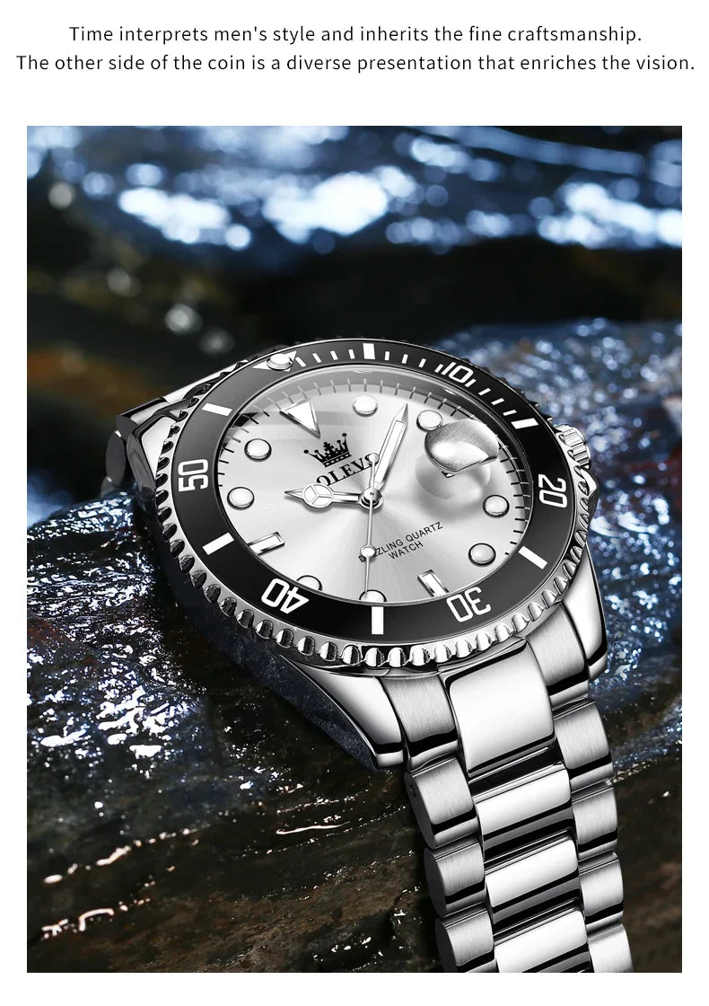 OLEVS Orologi da uomo Trend Luxury Cinturino in acciaio pregiato Grande data Orologio da polso al quarzo di marca originale per uomo Impermeabile luminoso 5885 Nuovo