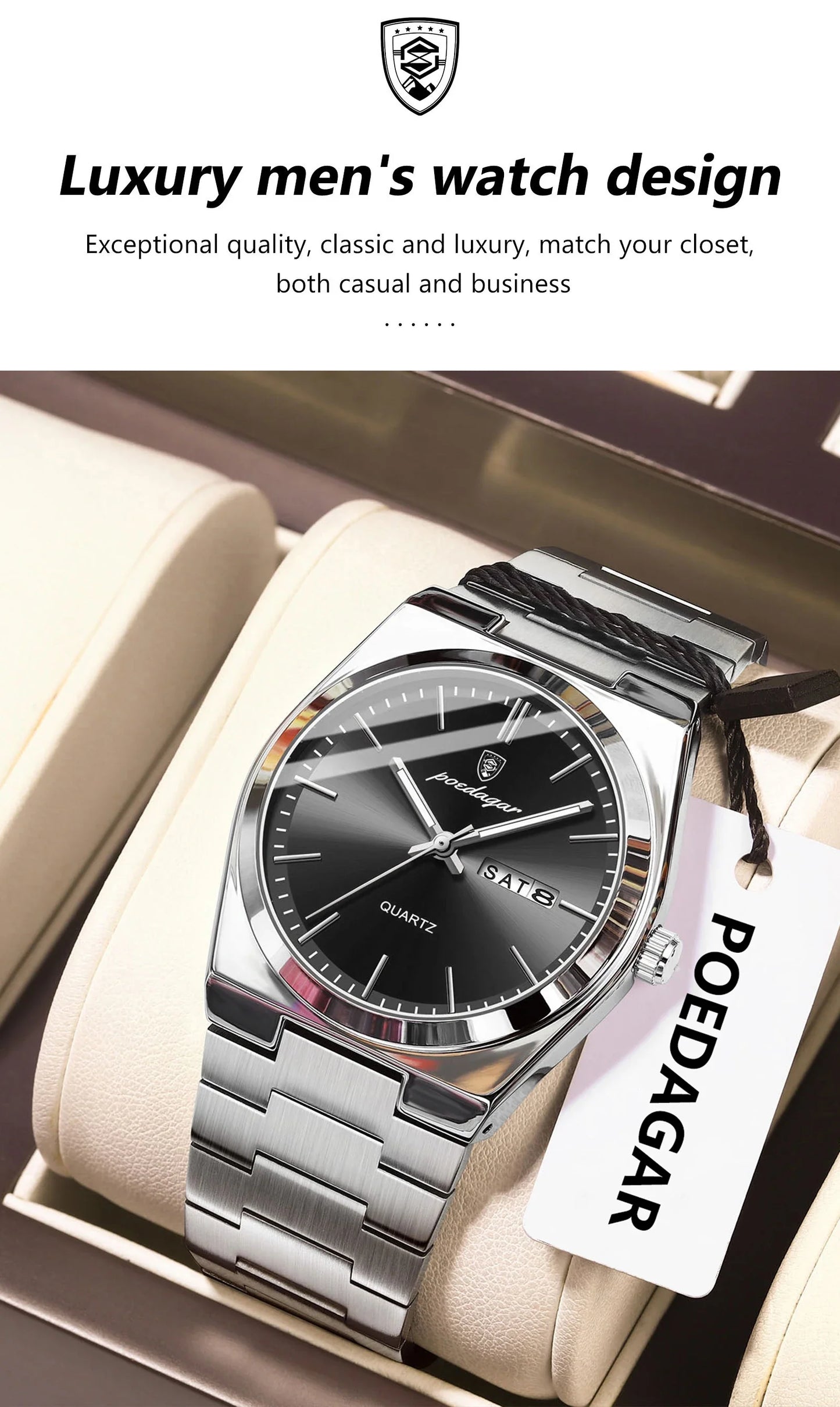 POEDAGAR Orologio da polso al quarzo da uomo di lusso Impermeabile luminoso Data Settimana Orologio da uomo Orologi da uomo d'affari in acciaio inossidabile