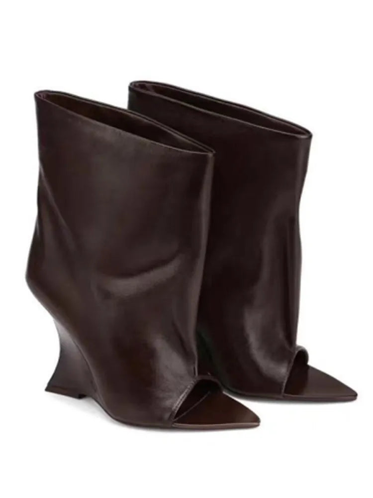 2025Ladies' Spring and Summer New Fish Mouth Slope High Heel Knee Boots, Fashionable Pointed Fashion Show Medium Cool Boots