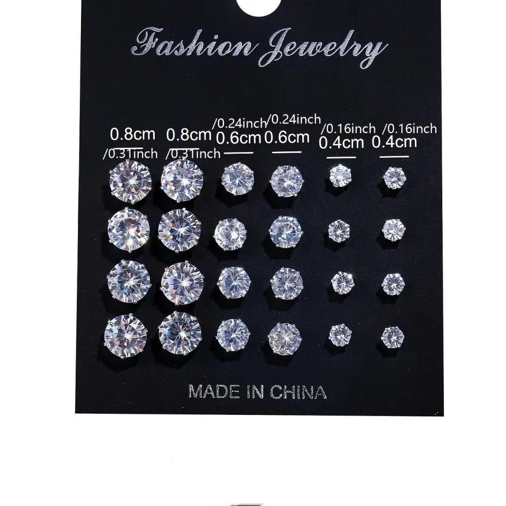 Set da 12 paia di orecchini a bottone in acciaio inossidabile color argento CZ con boccioli di pietre preziose orecchini rotondi accessori per gioielli unisex