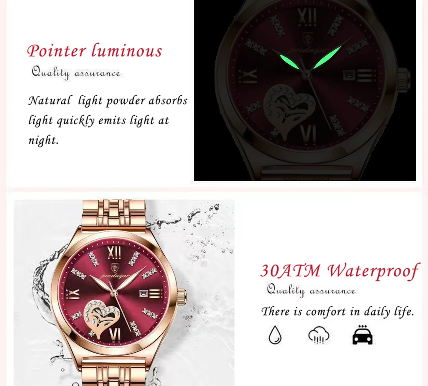 POEDAGAR Orologi di lusso da donna Orologio da donna impermeabile con data luminosa in acciaio inossidabile Orologio da polso da donna al quarzo alla moda elegante