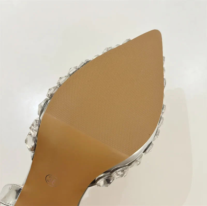 Hlieny Hollow Out Patent Leather Women Pumps Fashion Crystal Diamonds Pointed Toe Gold Silver High Heels Shoes Stiletto Sandals