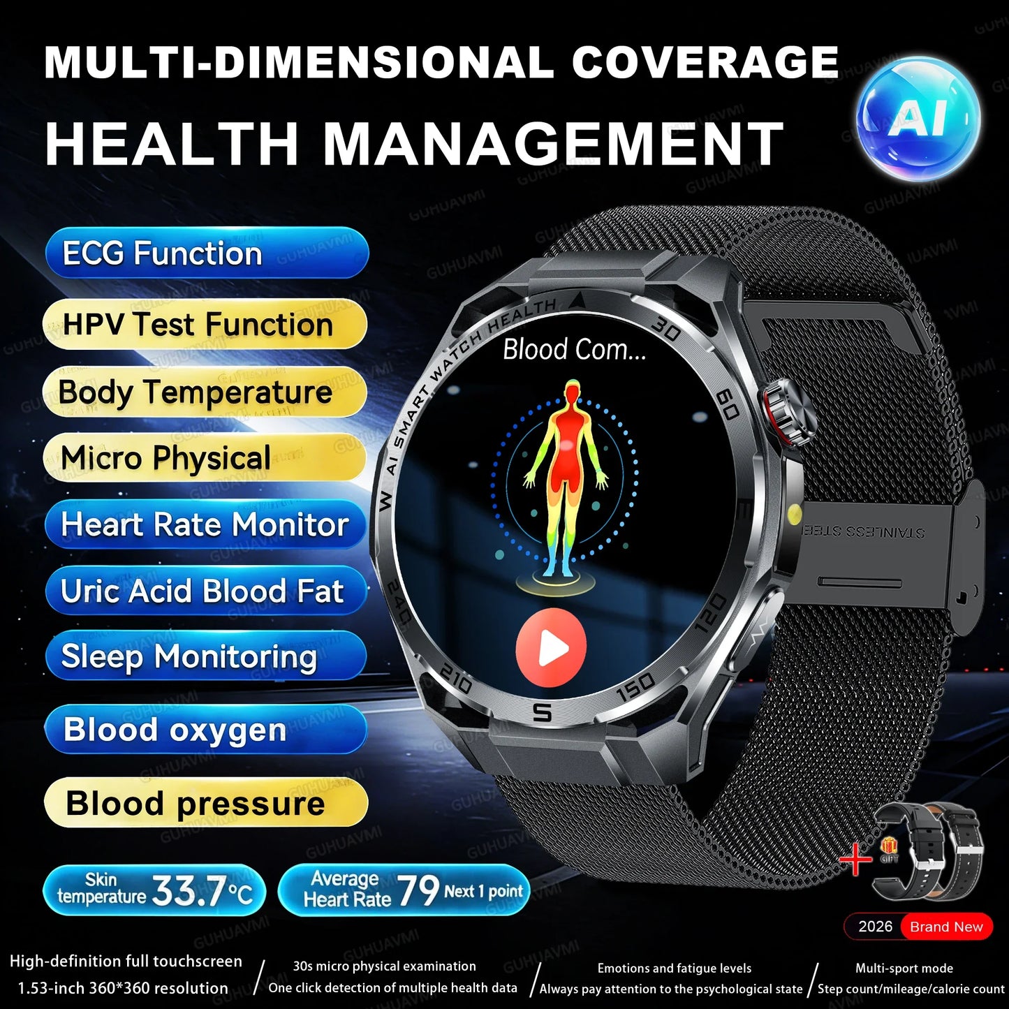Nuovo Smartwatch 2026 con Analisi del Grasso Corporeo ECG+PPG, Acido Urico, Pressione Sanguigna, Ossigeno nel Sangue, Chiamate Bluetooth, Orologio Sportivo Intelligente per Uomini e Donne