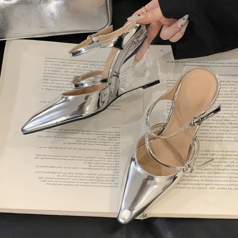 Liyke New Fashion Transparent Wedge Slippers Women Pumps Patent Leather Pointed Toe Buckle Strap Designer High Heels Mules Shoes