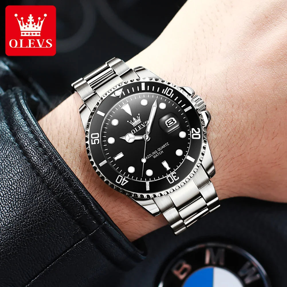 OLEVS Orologi da uomo Trend Luxury Cinturino in acciaio pregiato Grande data Orologio da polso al quarzo di marca originale per uomo Impermeabile luminoso 5885 Nuovo