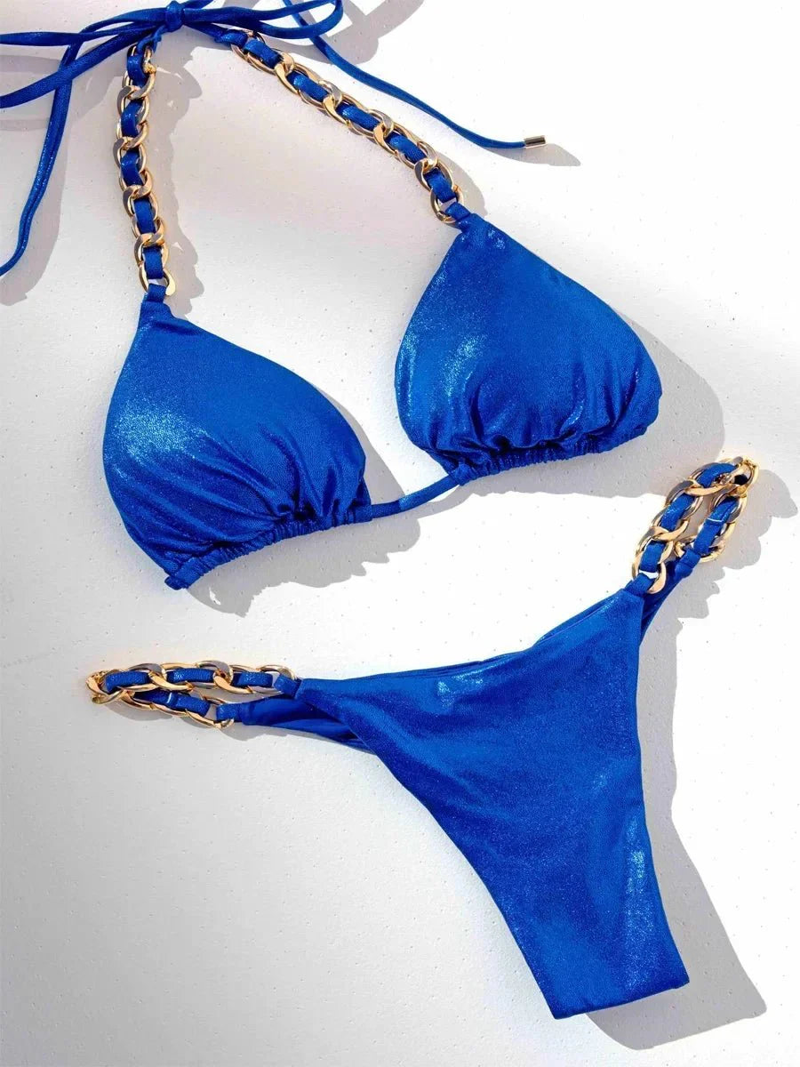 Bikini Brasiliano Due Pezzi con Catene Metalliche e Micro Perizoma, Costume da Bagno Donna