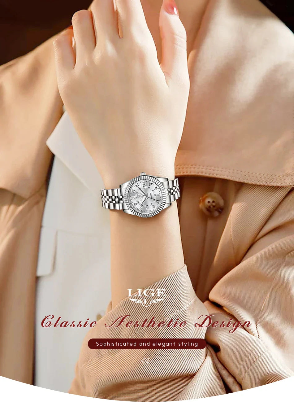 Orologio da Polso LIGE di Lusso con Strass per Donna, Cinturino in Acciaio Inossidabile, Movimento al Quarzo, Regalo, Reloj Mujer