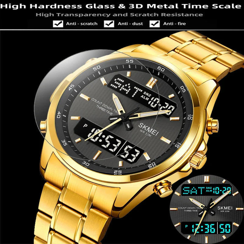 Skmei orologio da polso analogico al quarzo da uomo cinturino in acciaio inossidabile di lusso Led impermeabile digitale sportivo sveglia a tre fusi orari