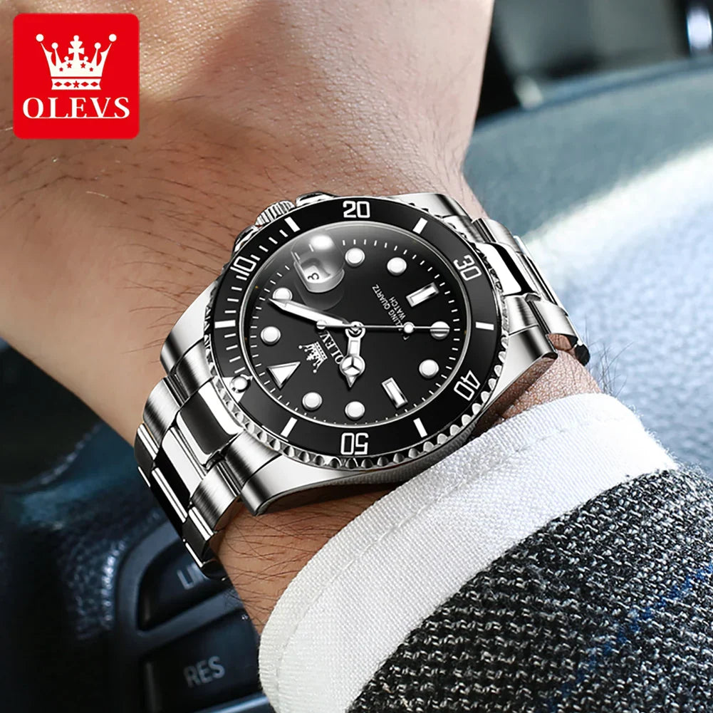 OLEVS Orologi da uomo Trend Luxury Cinturino in acciaio pregiato Grande data Orologio da polso al quarzo di marca originale per uomo Impermeabile luminoso 5885 Nuovo