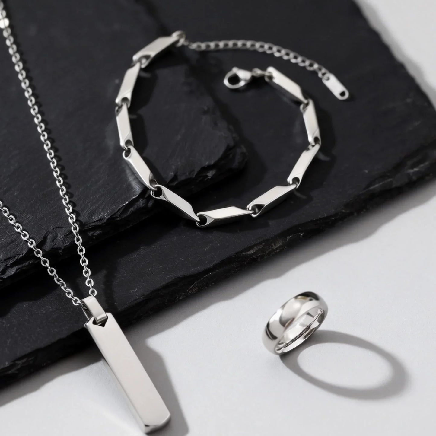 Set di 3 Collane con Barra Verticale per Uomo, Collana con Ciondolo in Acciaio Inossidabile Stile Hip Hop, Set di Gioielli alla Moda Regalo per Lui