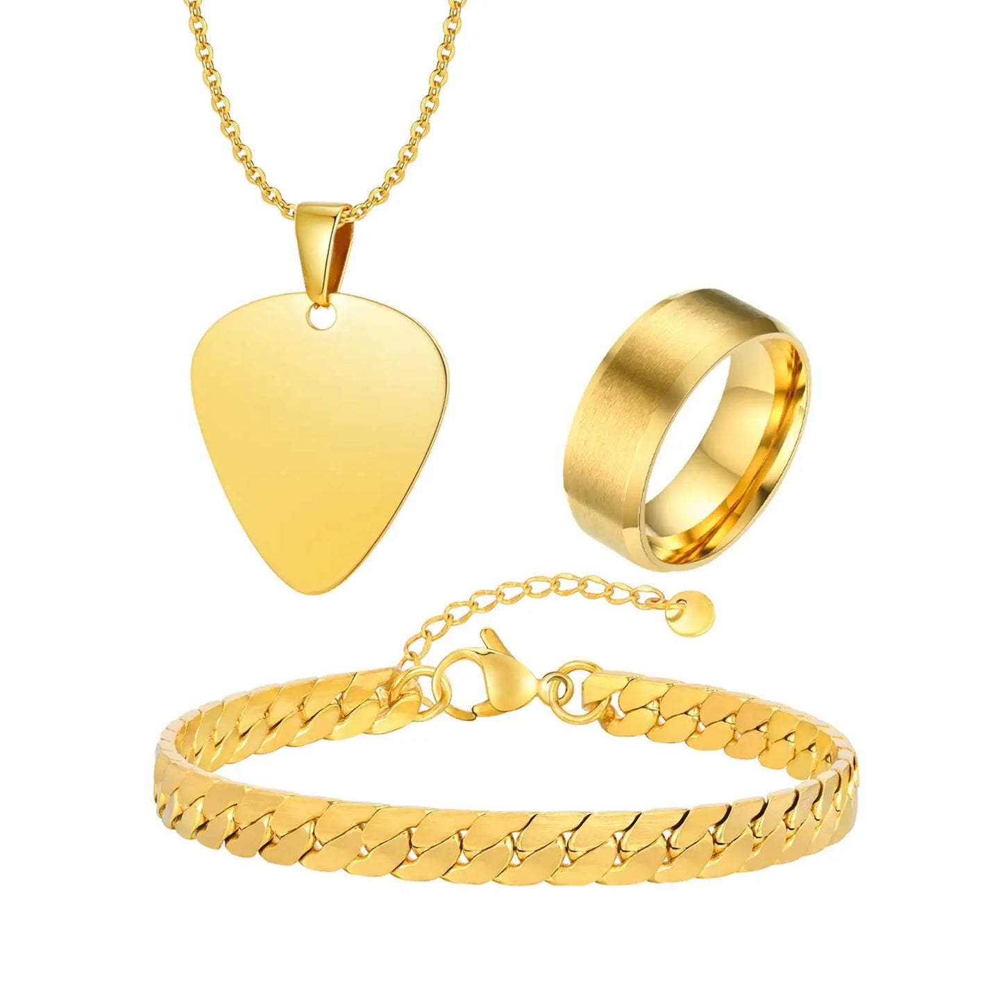 Set di 3 Pezzi: Collana con Ciondolo a Forma di Plettro per Uomo, Bracciale con Catena Cubana Piatta Stile Rock Punk, Set di Gioielli Classici da Uomo, Idea Regalo