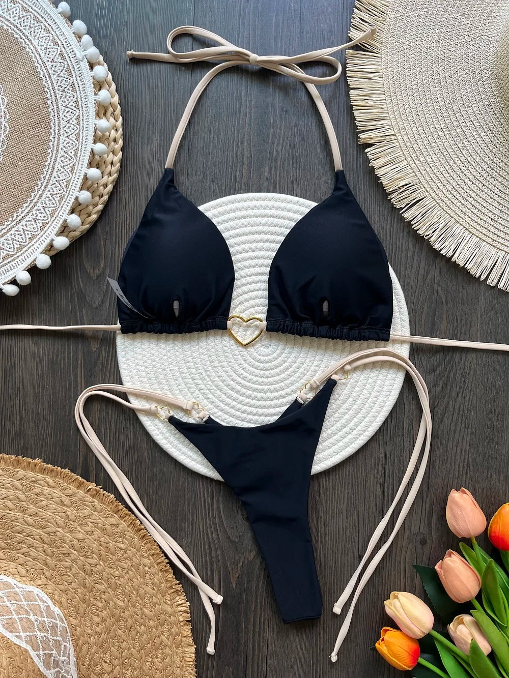 Costume da bagno bikini sexy da donna a tinta unita, due pezzi, rosso