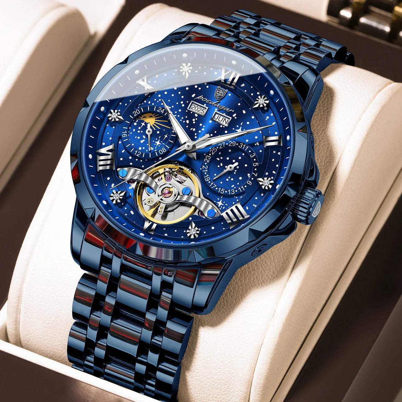 POEDAGAR Top Orologio da uomo originale Orologio meccanico automatico da uomo in acciaio inossidabile Calendario Hollow Tourbillon Orologio da uomo Maschio + scatola